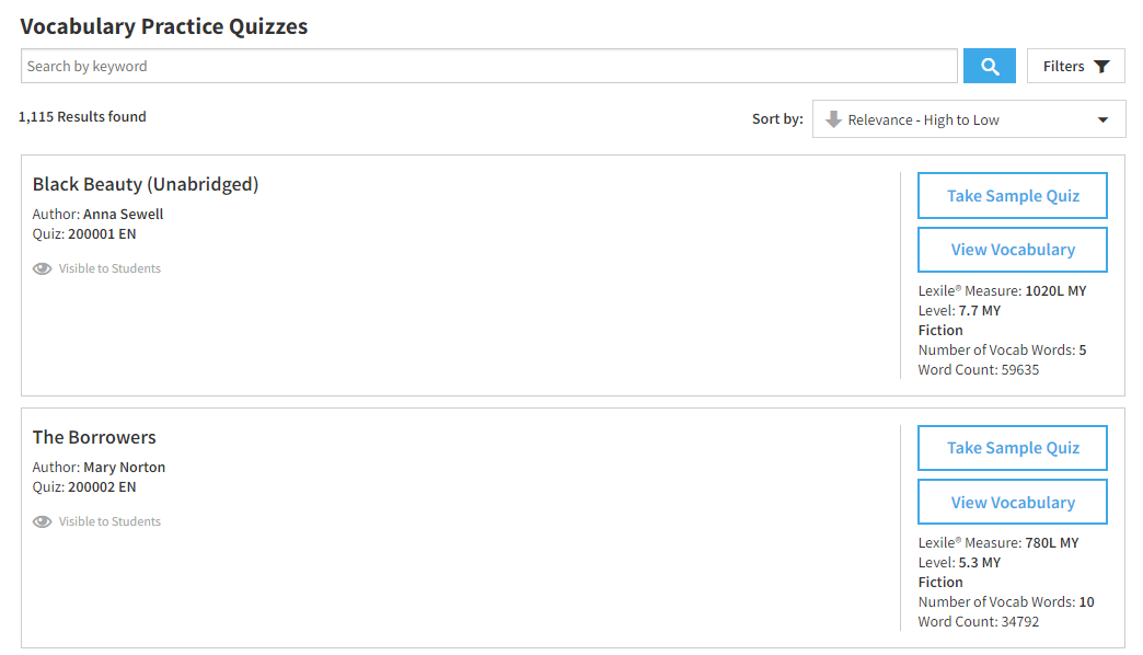 example of a list of vocabulary practice quizzes