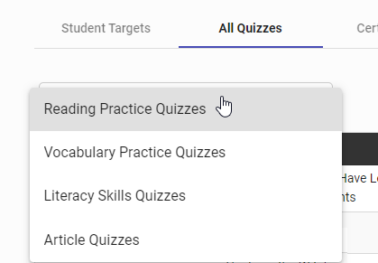 the quiz type drop-down list