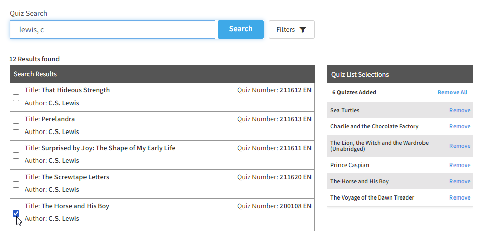 an example of quiz search results with some ticked and added to the list on the right