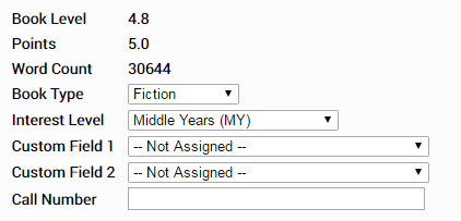the book level, points, and word count information for a book