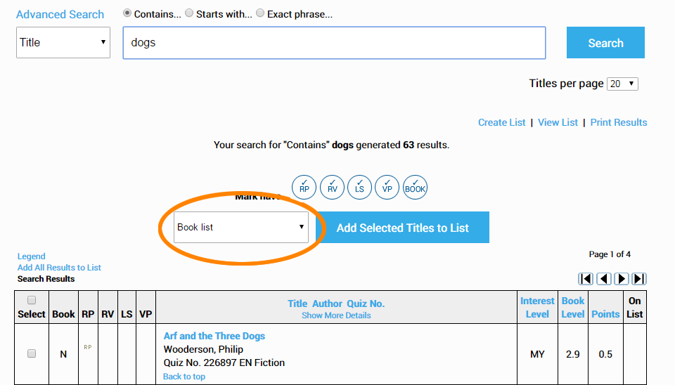the book list drop-down list