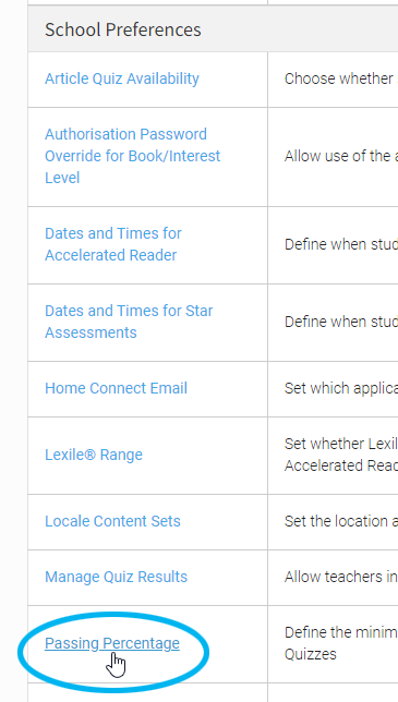 under the School preferences, select Passing Percentage