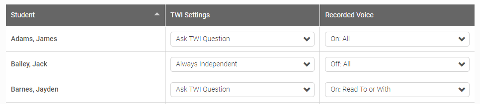 the Quiz Settings preference with two drop-down lists for each student