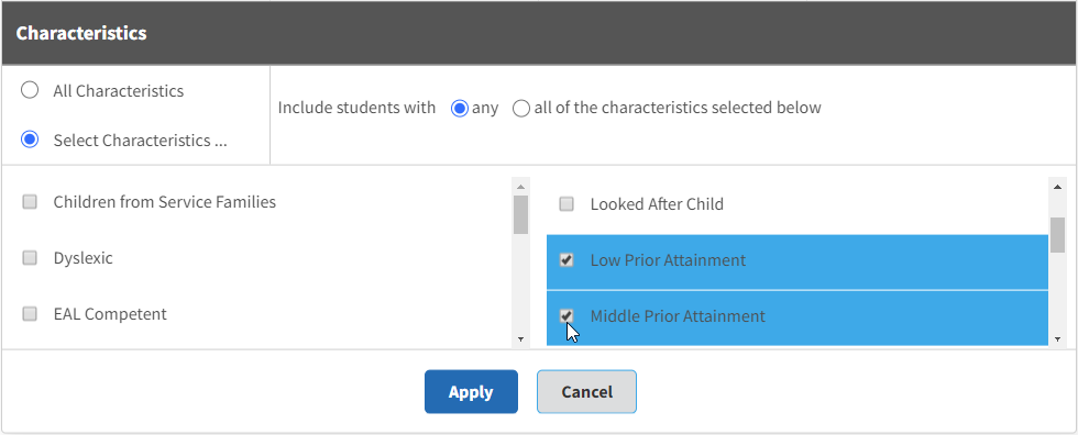 the demographics window with characteristics selected