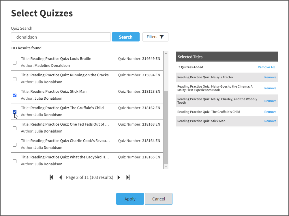 an example of quiz results with some quizzes selected