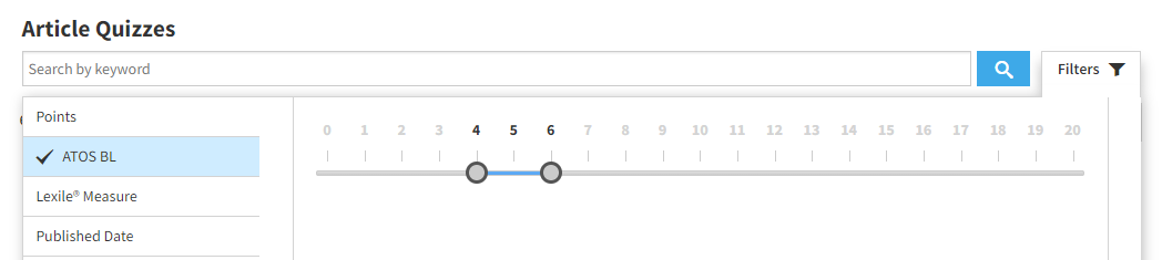 the filters for article quizzes, with ATOS and 4 to 6 selected