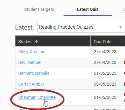a student name being selected