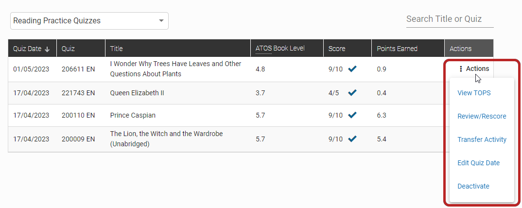 the quiz actions menu