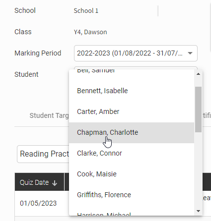 the Student drop-down list