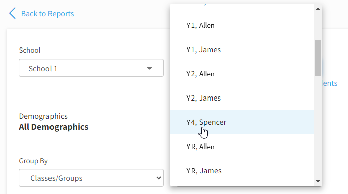 the Students drop-down list, listing class names