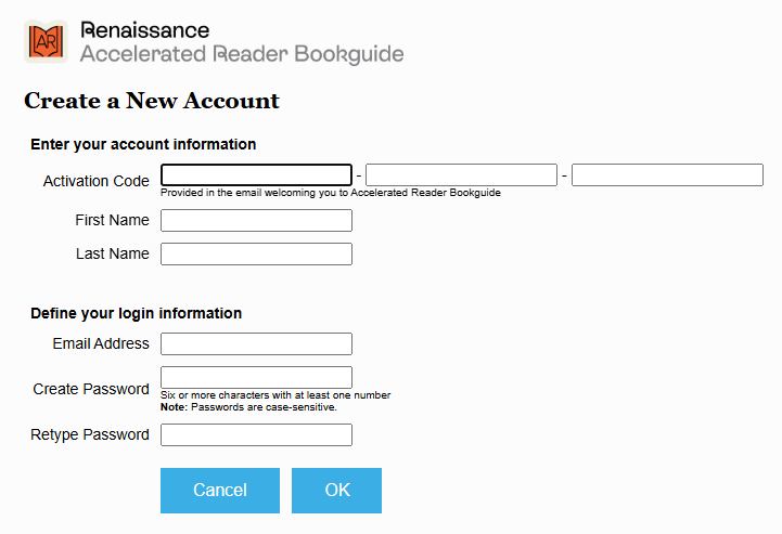 the create a new account page