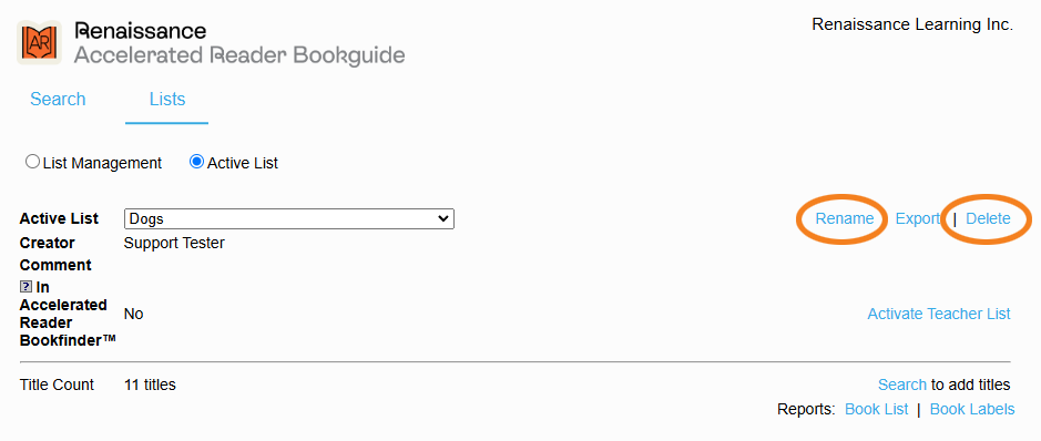 the Rename and Delete links