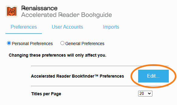 the Edit button for AR Bookfinder preferences
