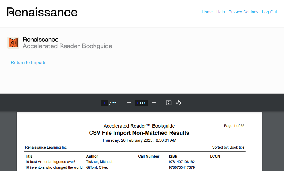 an example of the import results report