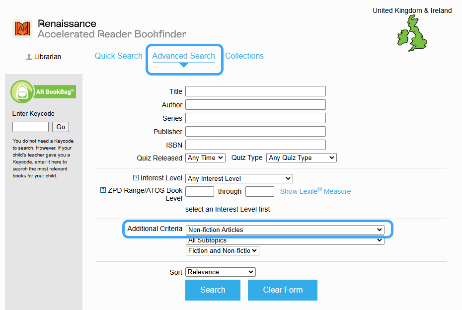 the AR Bookfinder Advanced Search and the Nonfiction Articles option