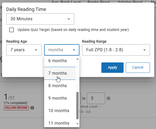the Reading Age drop-down lists in the target calculator