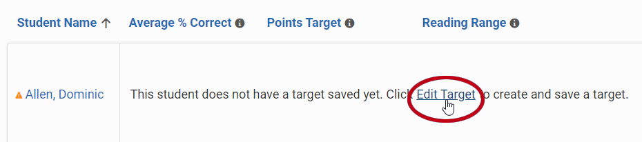 the Edit Target link for one student