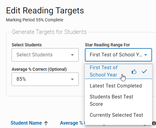 the Star Reading Range for drop-down list