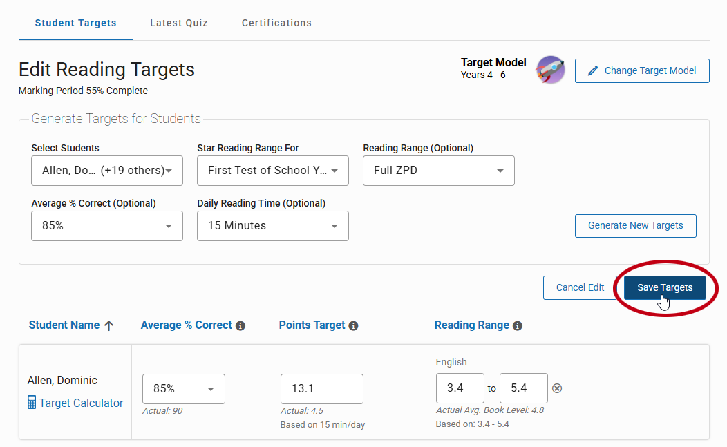 the Save Targets button