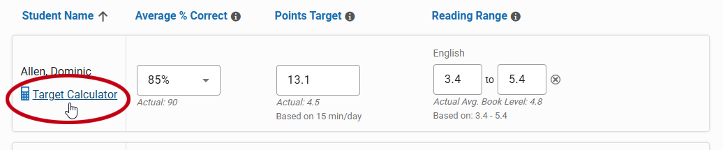 the Target Calculator link