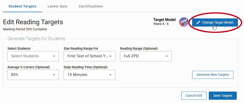 the Change Target Model button