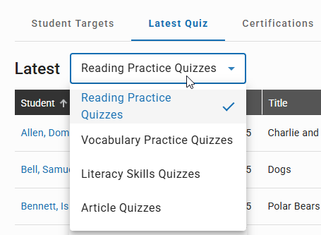 the quiz type drop-down list