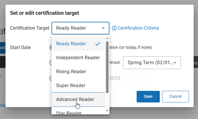 the target drop-down list