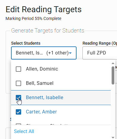 the select students drop-down list