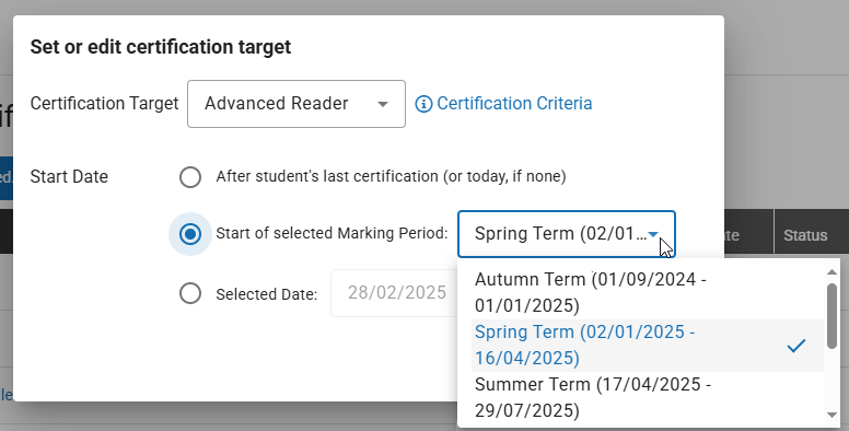 the marking period drop-down list