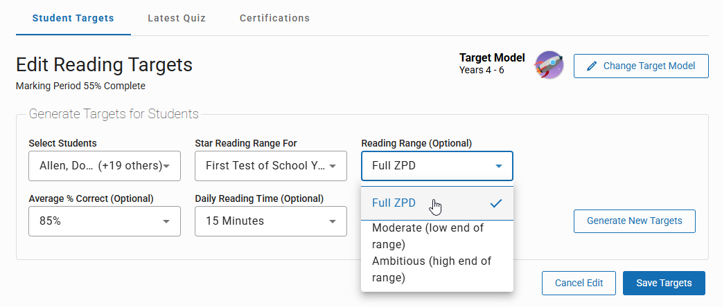 the Reading Range drop-down list