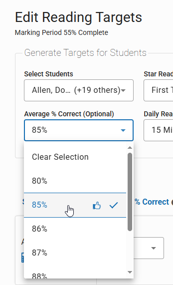 the Average Percentage Correct drop-down list