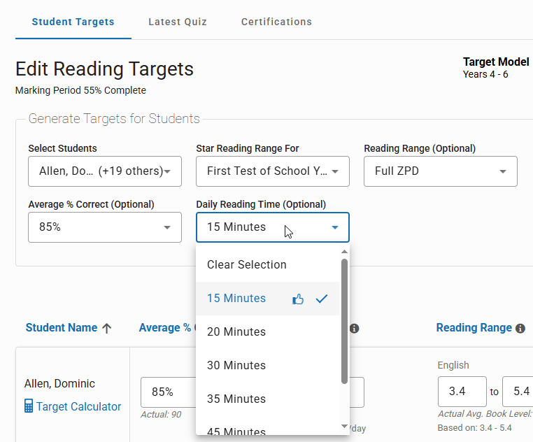 the Daily Reading Time drop-down list