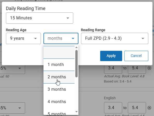 the Reading Age drop-down lists in the Target Calculator