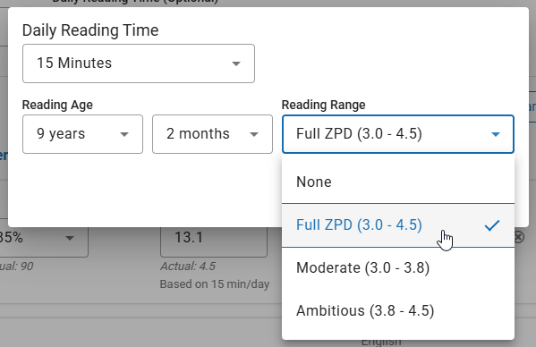 the Reading Range drop-down list in the Target Calculator