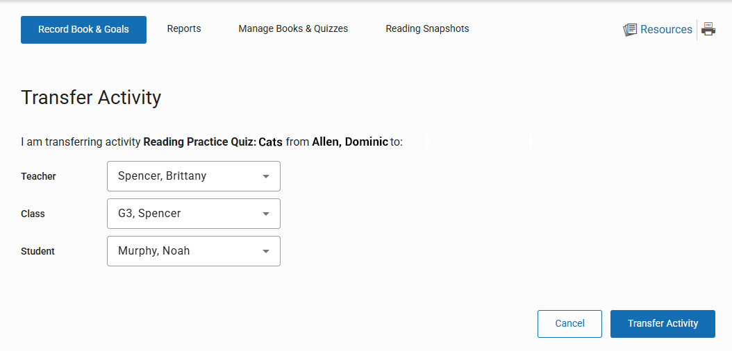 the drop-down lists and the Transfer Activity button