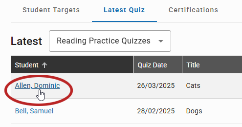 select the student's name