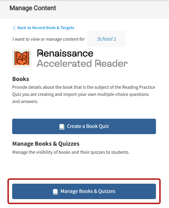 the Manage Books and Quizzes button